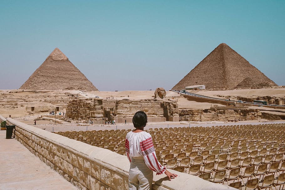 Woman Looking At Pyramids, ancient, archaeology, architecture HD wallpaper