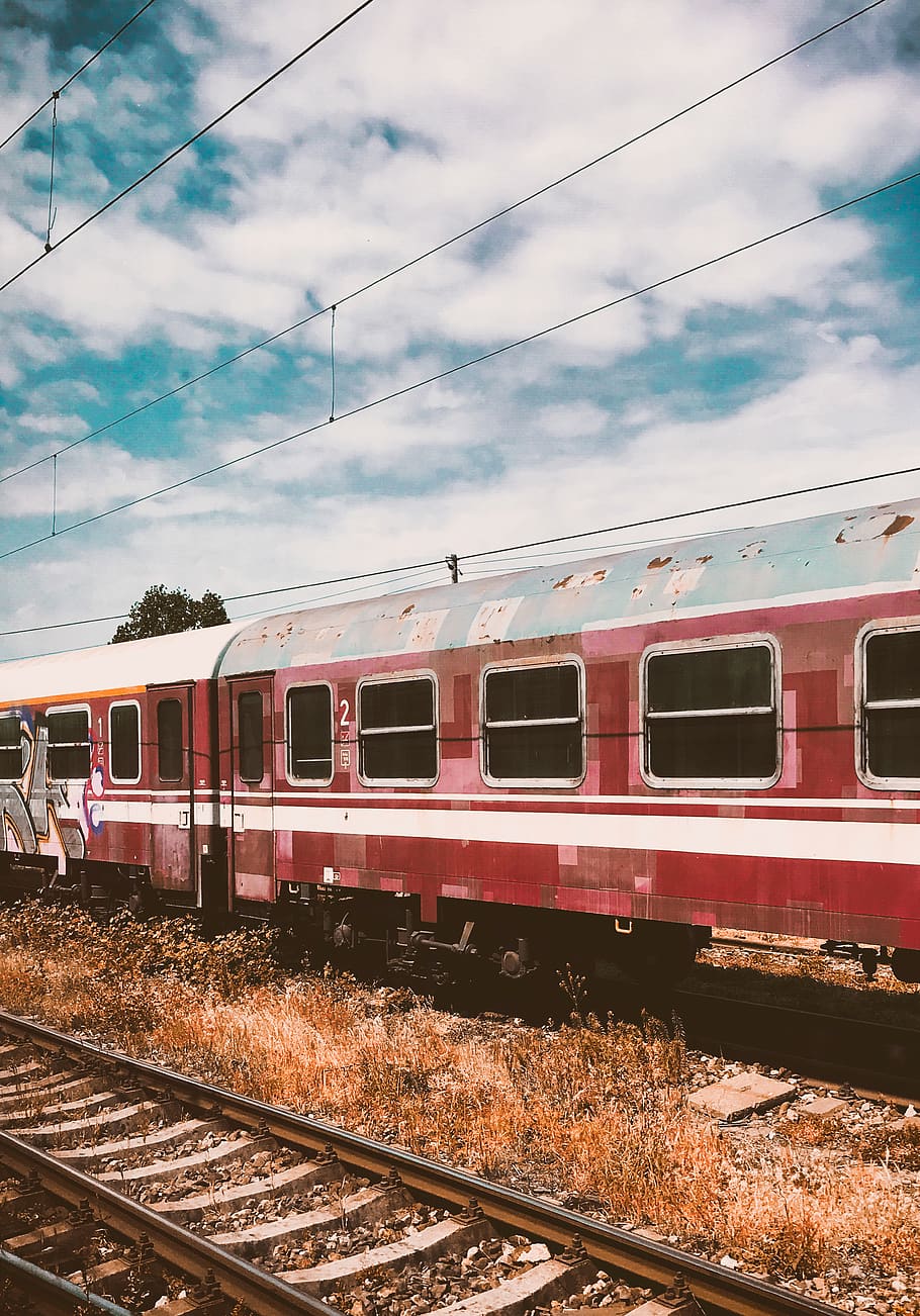 train, faded, red, blue, rail transportation, mode of transportation HD wallpaper