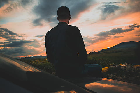 sunset, tree, forest, trees, mountain, guy, person, car, road HD wallpaper