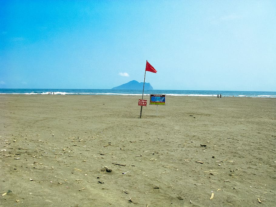 ocean, beach, red, flag, sky, summer, taiwan, land, sea, water, HD wallpaper