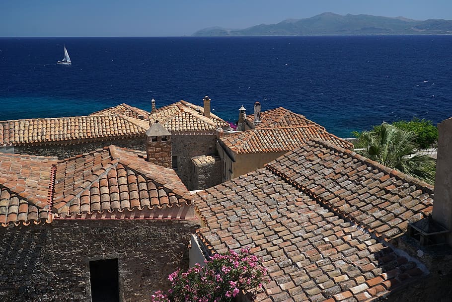monemvasia, monument, greece, summer, sea, holidays, the roofs HD wallpaper