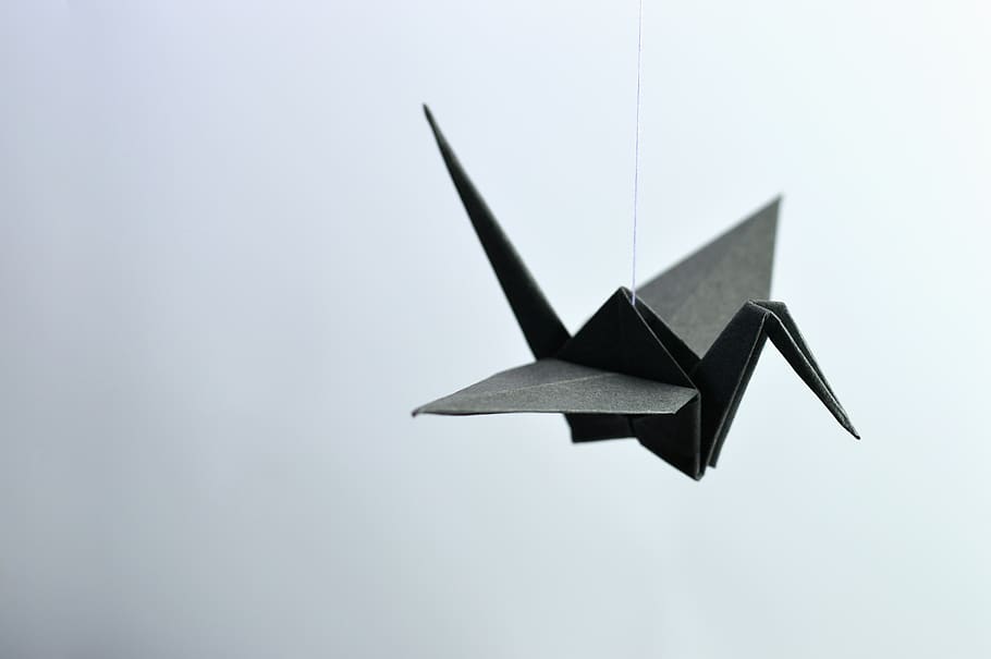 origami, paper, bent, wing, dom, ave, handmade, black, crane