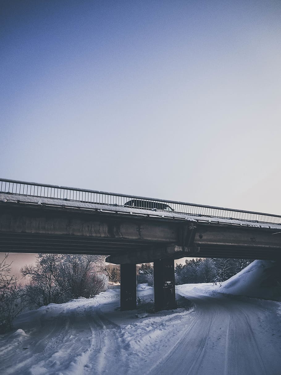bridge, winter, cold, white, road, snow, connection, transportation HD wallpaper