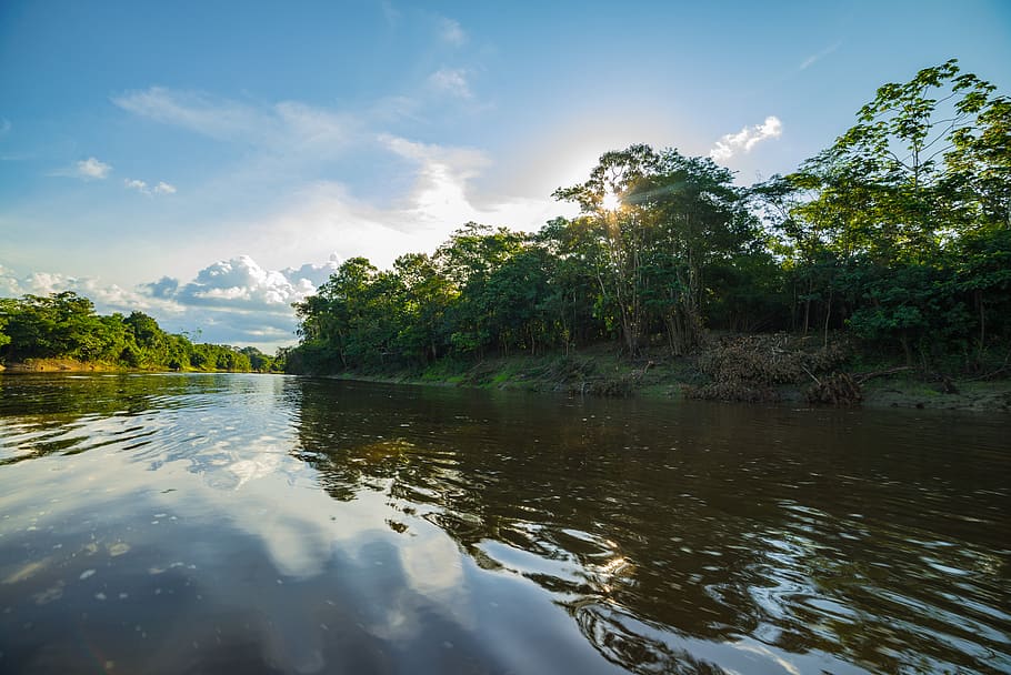 peru, sunset, outdoors, rainforest, lake, clouds, river, sky HD wallpaper