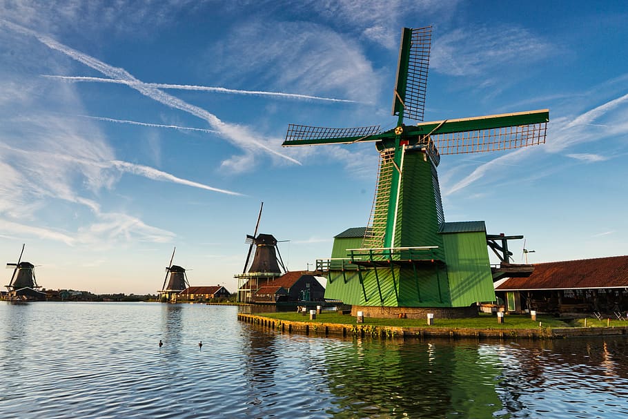 zaandam, windmills, netherlands, windfarm, historical, river, HD wallpaper