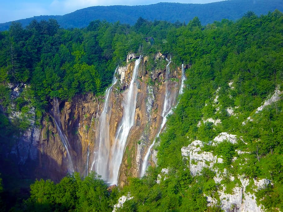 waterfall, summer, landscape, mountain, rocks, travel, natural HD wallpaper
