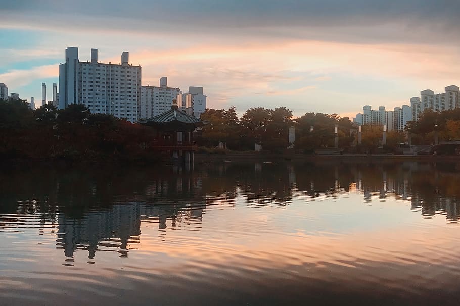 seoul, reflections, sunset, pond, 이촌, korea, national museum of korea HD wallpaper