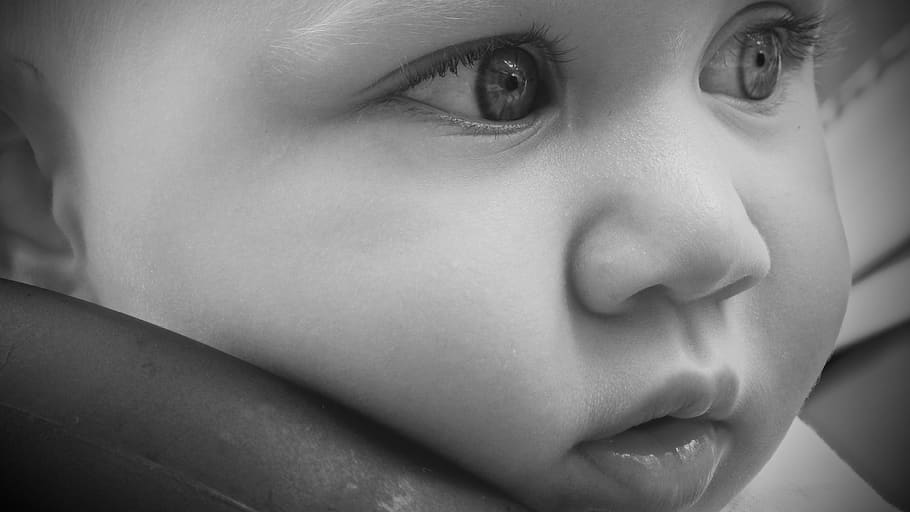 Close Up Photography of Baby's Face, black-and-white, child, children, HD wallpaper