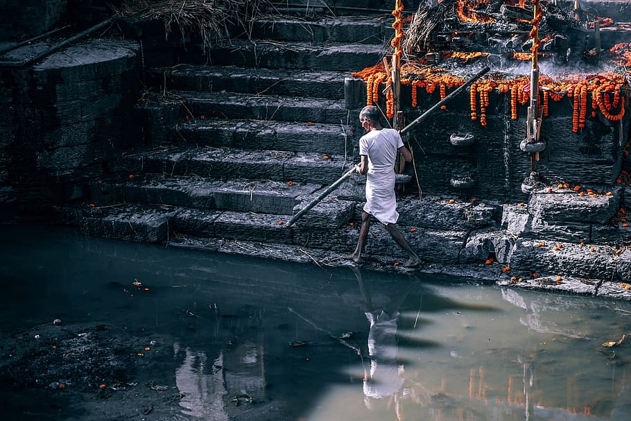 people, man, walking, outdoor, water, reflection, rocks, stair HD wallpaper