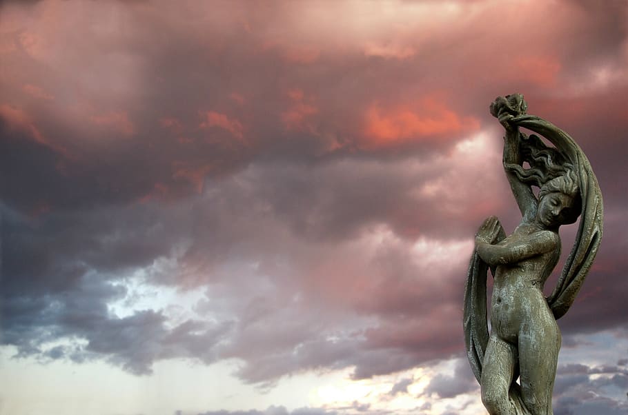 art, sculpture, dark, clouds, sky, sunset, woman, cloud - sky HD wallpaper