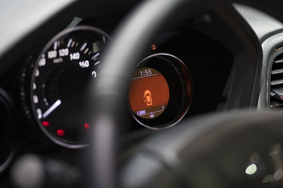 black vehicle steering wheel, design, ui, car, fuel, dashboard HD wallpaper