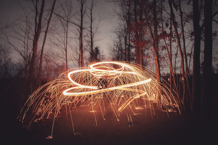 united states, danvers, spin, trees, path, woods, fire, long exposure HD wallpaper