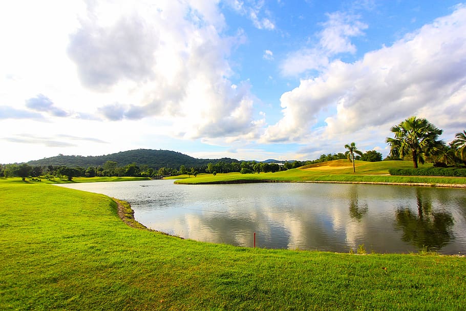 golf course, grass, sky, water, cloud - sky, plant, scenics - nature, HD wallpaper
