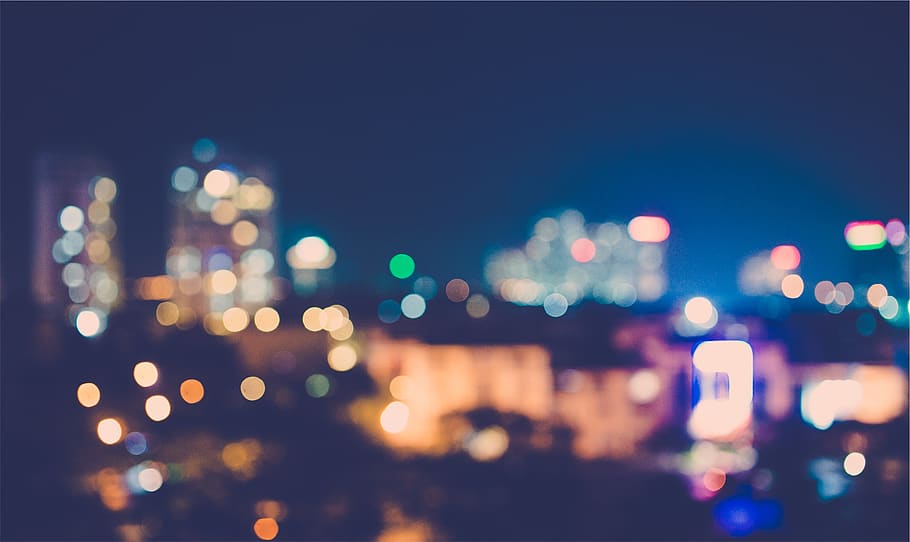 blurry, lights, night, dark, eventing, city, buildings, bokeh HD wallpaper