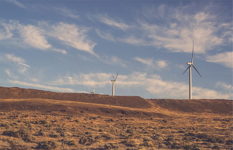 windmills, fields, rural, blue, sky, clouds, wind turbine, alternative energy HD wallpaper