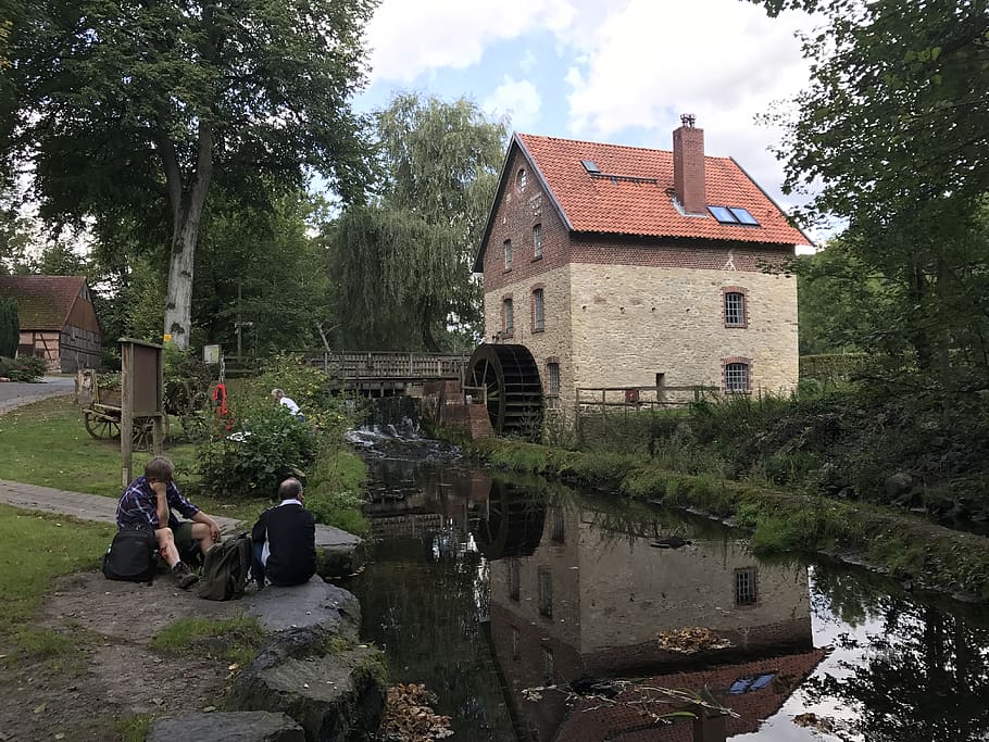 water mill, bach, mill wheel, building, landscape, built structure HD wallpaper