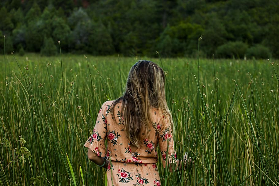 Photo of Woman Standing in Grass Field, dom, green, landscape HD wallpaper