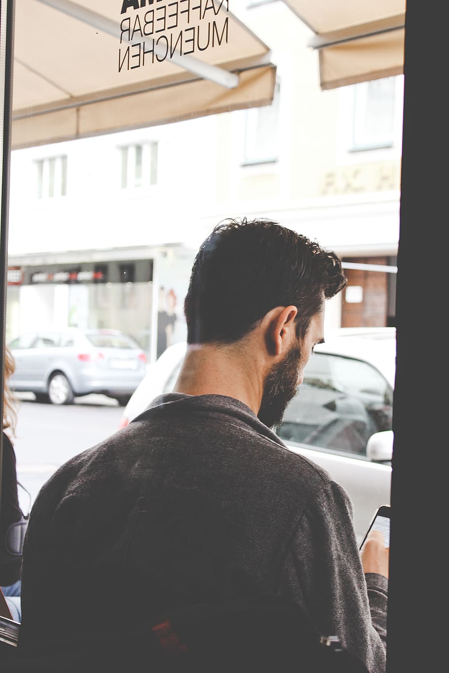 man, beard, hipster, handsome, street, window, mobile phone HD wallpaper