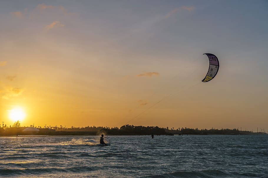 brazil, ilha do guajiru kite beach, kiteboarding, surf, sunset, HD wallpaper