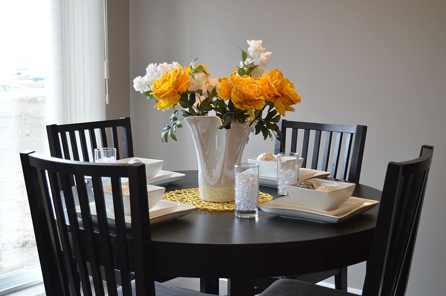 White Ceramic Vase on Dining Table, chairs, contemporary, design HD wallpaper