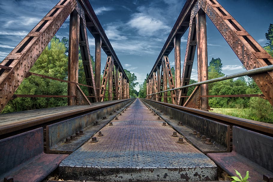 germany, pettstadt, tracks, rust, bridge, trees, wide angle HD wallpaper