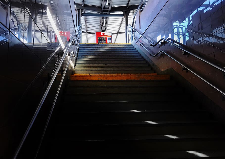 concrete stairs inside building, handrail, banister, staircase HD wallpaper
