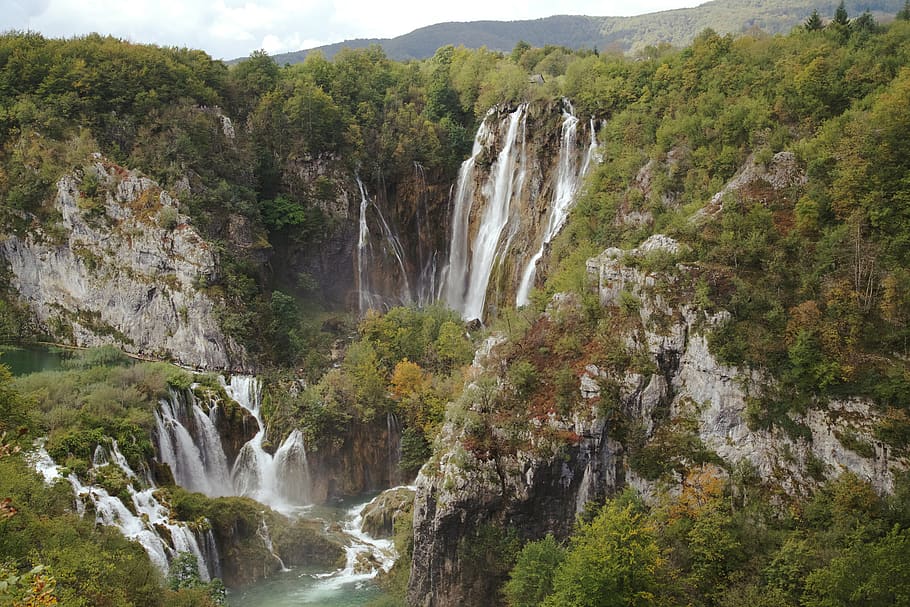 waterfalls with trees during daytime, scenics - nature, beauty in nature HD wallpaper