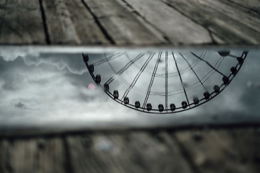 wood, wheel, reflection, waterfront, ferris wheel, moody, urban HD wallpaper