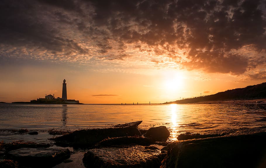 Beach Near Island With Lighthouse, backlit, building, clouds HD wallpaper