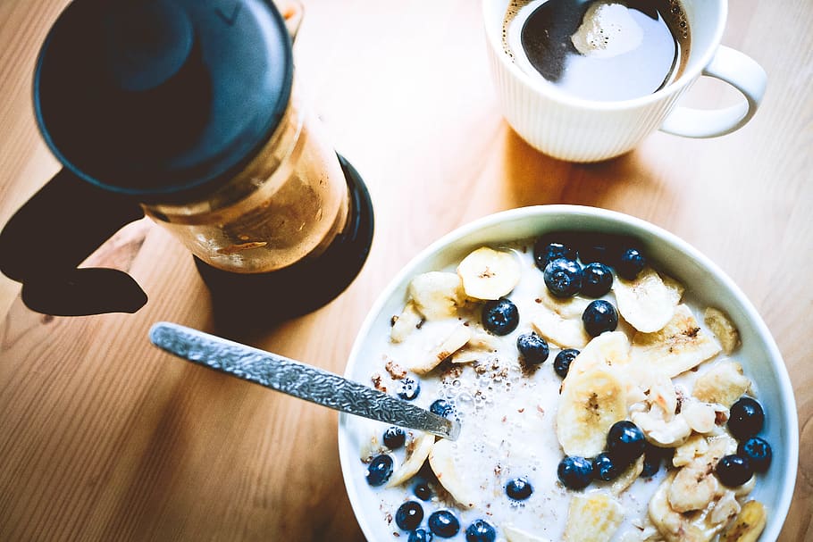 coffee, breakfast, muesli, cereals, banana, blueberry, fruit, HD wallpaper
