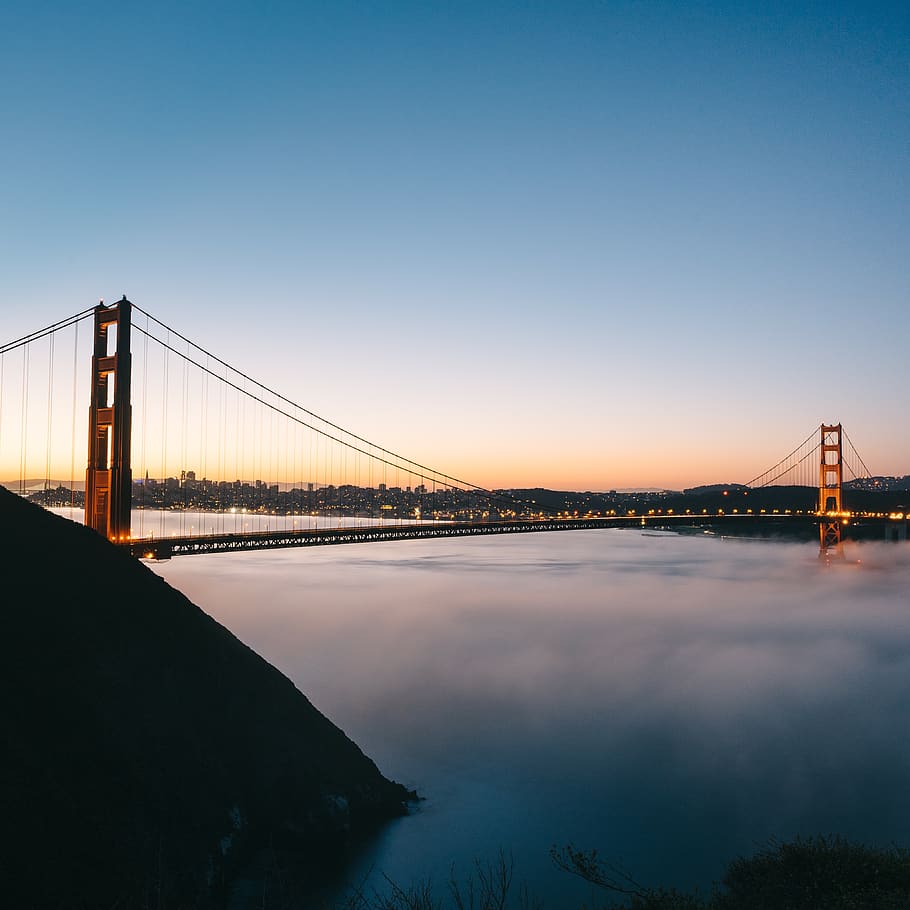architecture, bridge, structure, sea, ocean, water, dark, lights city HD wallpaper
