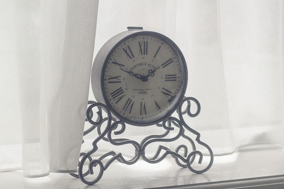 clock, time, decor, white, curtains, clock face, minute hand HD wallpaper