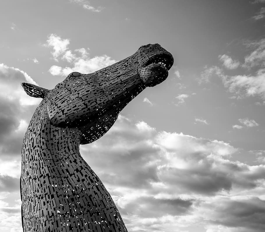 Grayscale Photography of the Kelpies, ancient, architecture, art
