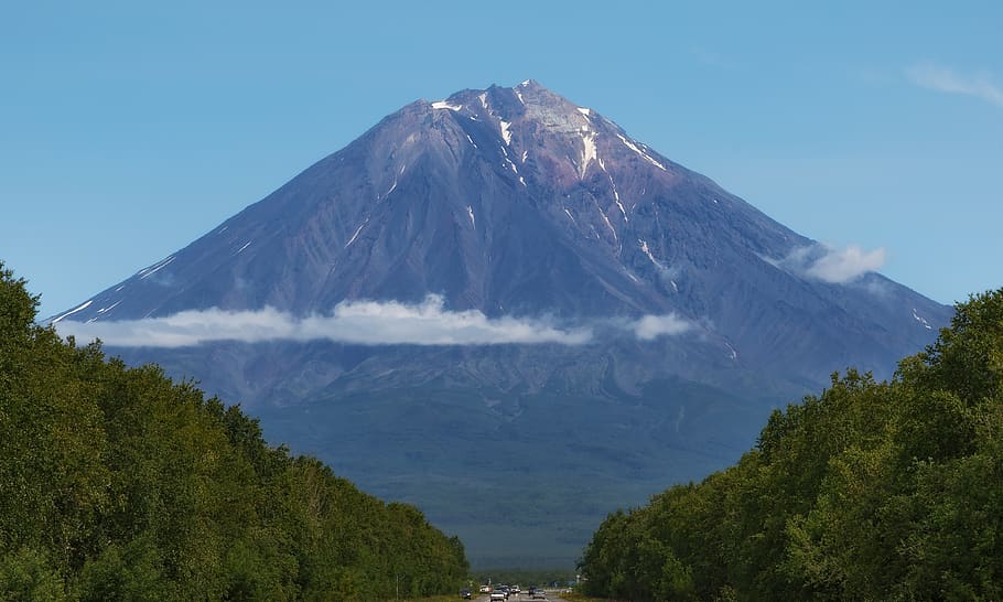 volcano, landscape, kamchatka, clouds, slopes, mountains, nature HD wallpaper
