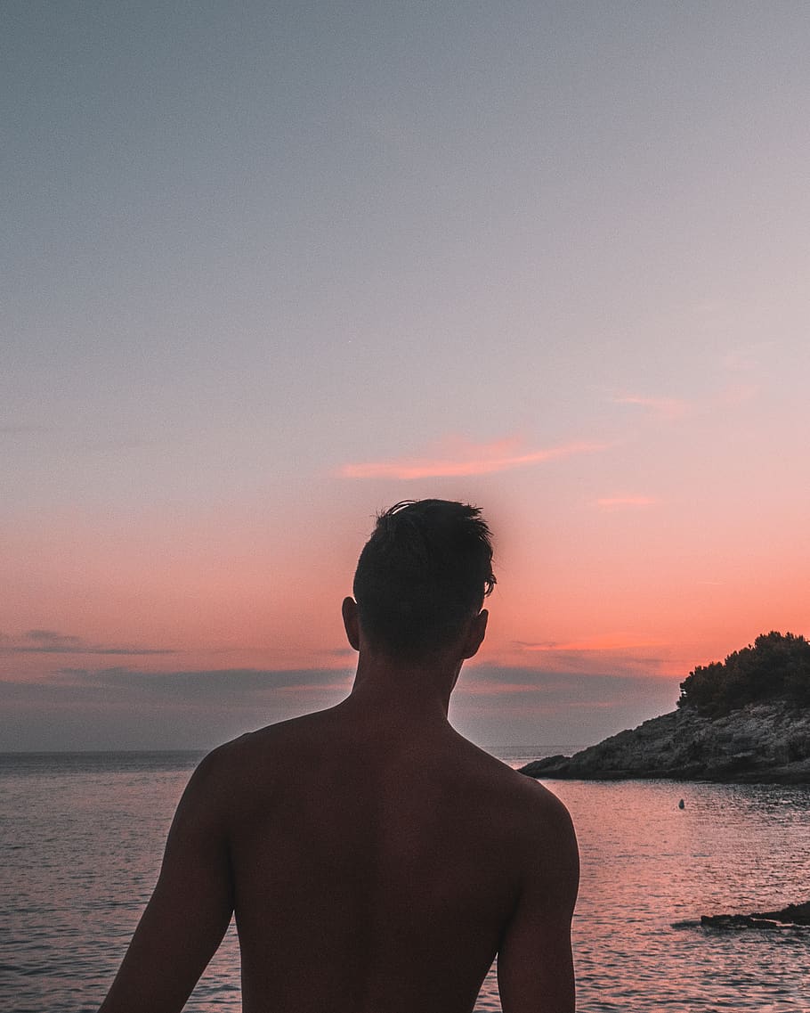 back, person, human, sunset, nature, outdoors, promontory, ocean HD wallpaper
