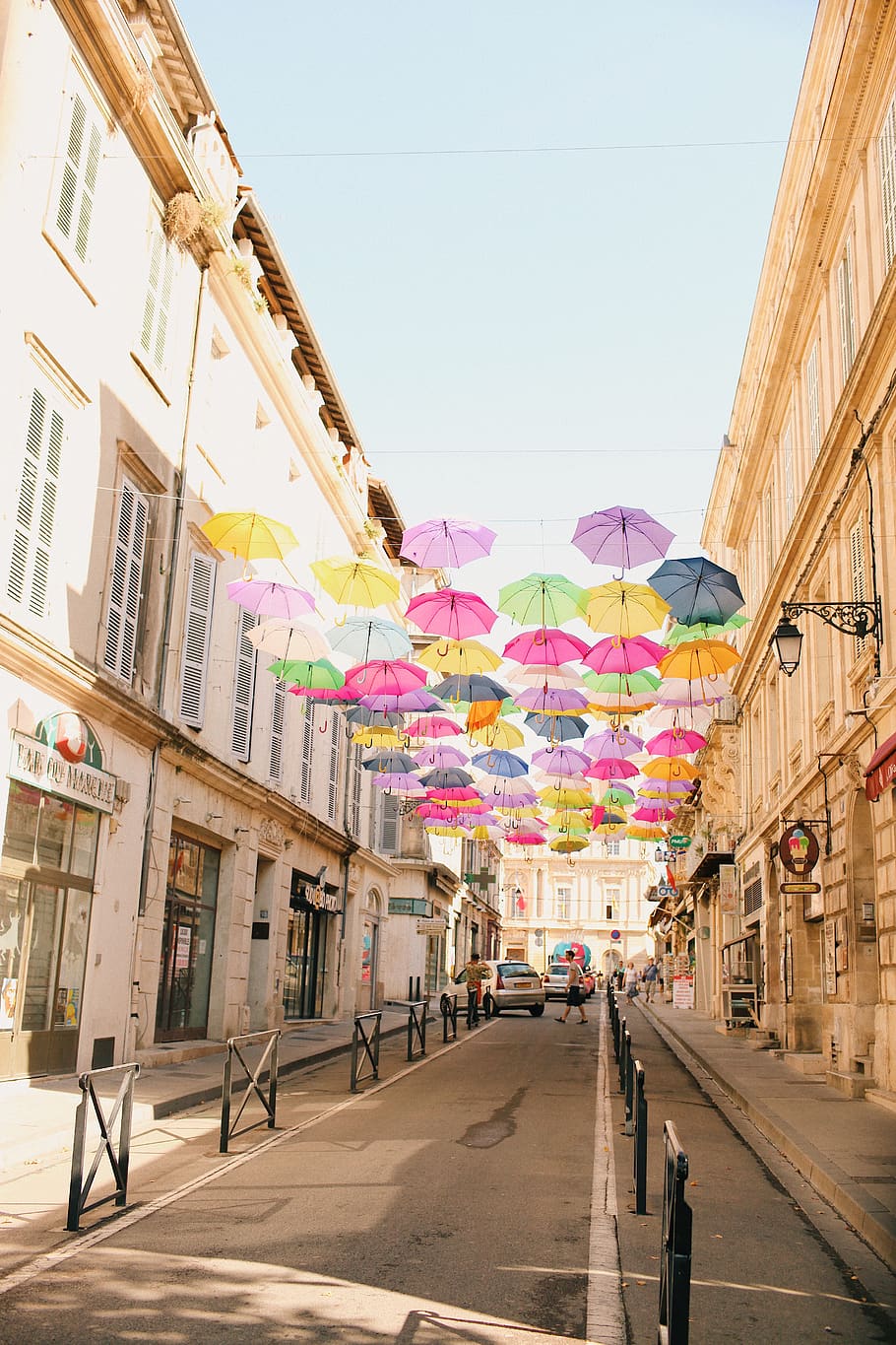 empty street in between buildings, path, town, france, umbrella HD wallpaper