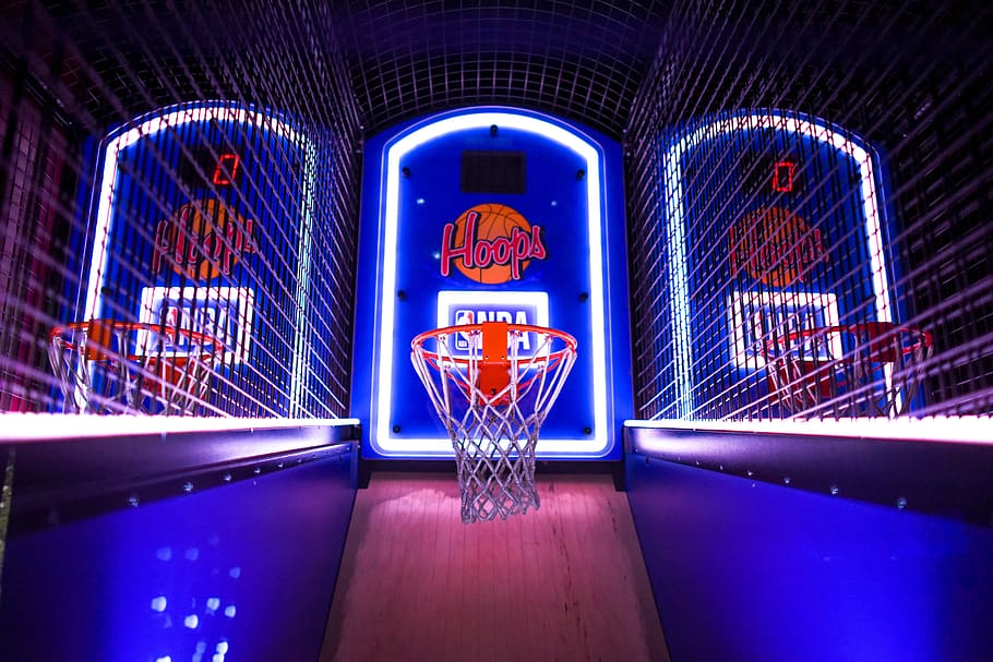 three arcade basketball hoops with lights, game, throw, glow