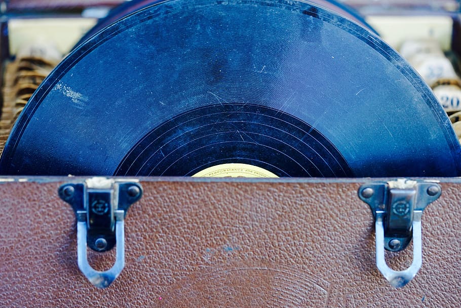black vinyl record, close-up, blue, metal, no people, focus on foreground HD wallpaper