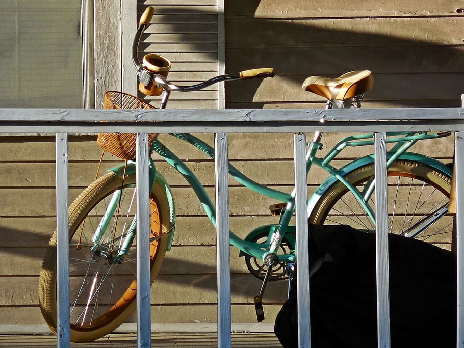 bicycle, teal, turquoise, wall, house, outside, boards, painted HD wallpaper