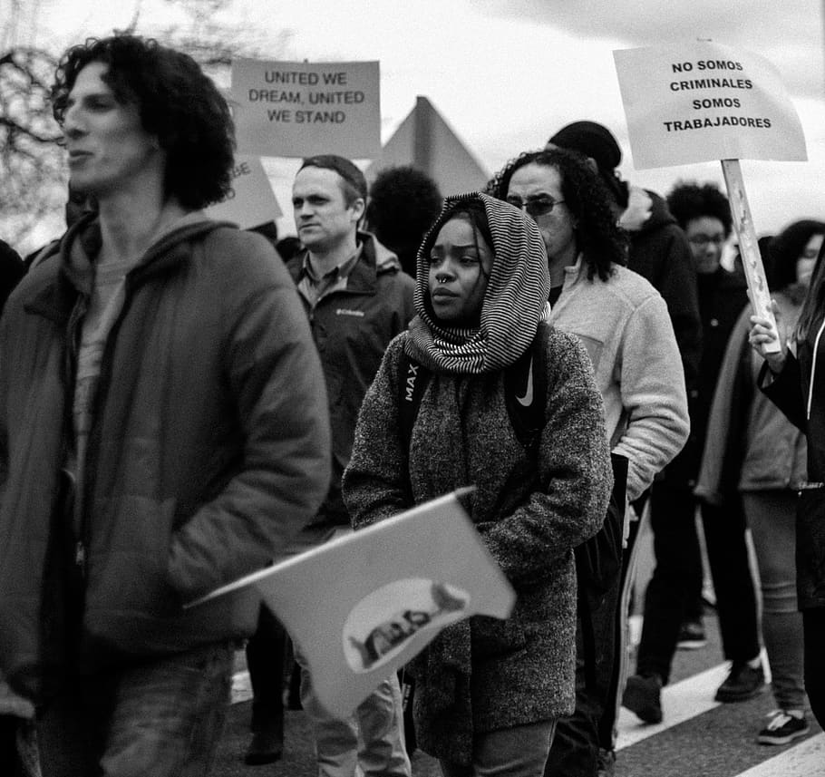 people protesting, men, group of people, women, adult, city, text HD wallpaper