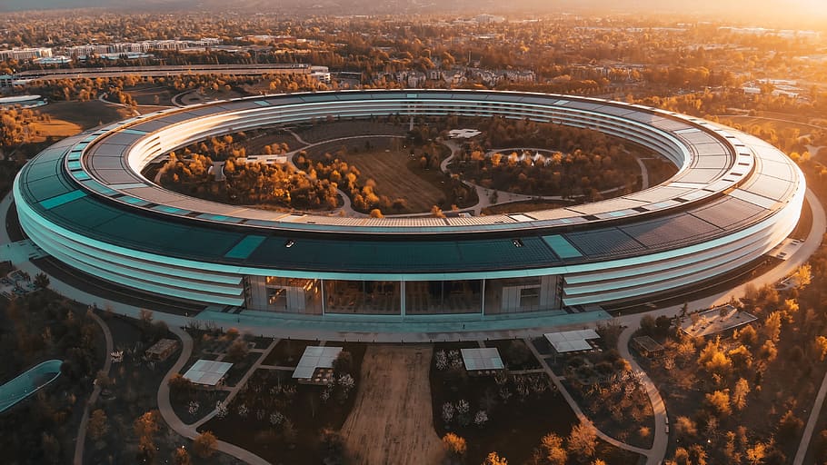 aerial photography of round building, apple park, architecture
