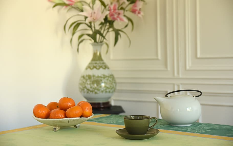 breakfast, coffee cup, fruit, teapot, beverage, morning, green, HD wallpaper