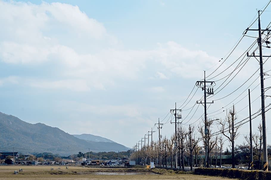 utility towers under white sky, cloud - sky, cable, mountain HD wallpaper