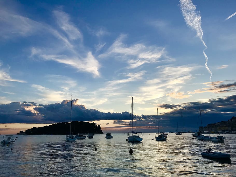 croatia, rovinj, cloud, sunset, sea, cloudscape, boat, water HD wallpaper