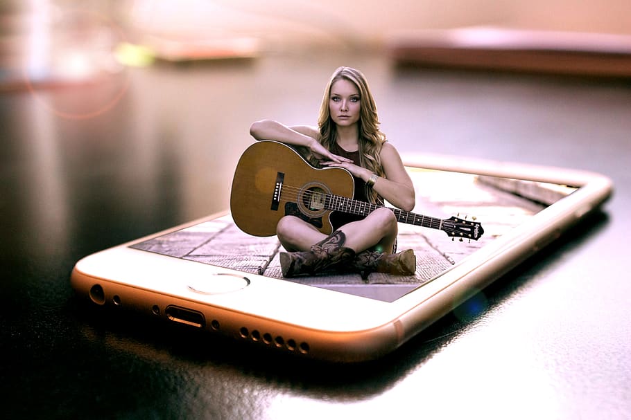 pop out, mobile, phone, guitar, woman, fantasy, girl, manipulation