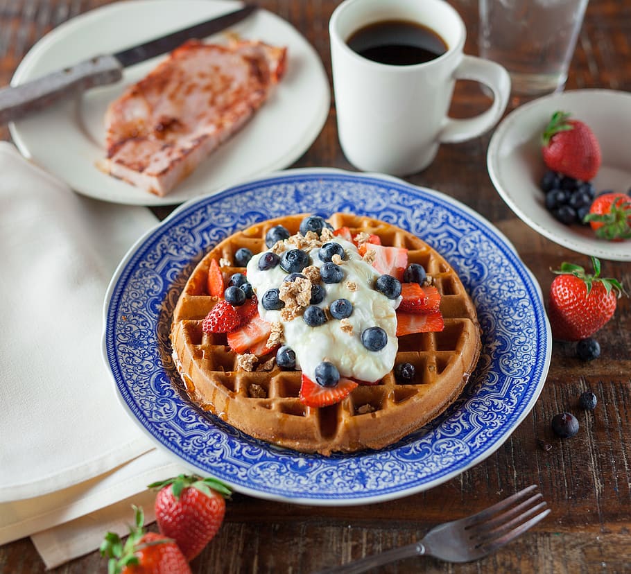 waffle pancake on blue ceramic plate, food, food and drink, fruit HD wallpaper