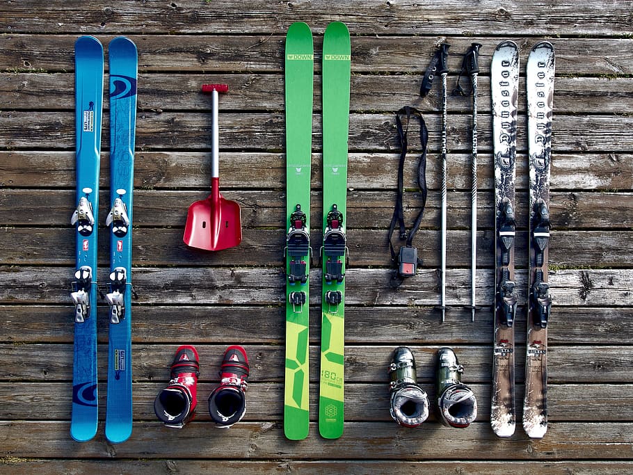 Flatlay of Skiing Equipment, active, activity, alps, cold, design, HD wallpaper