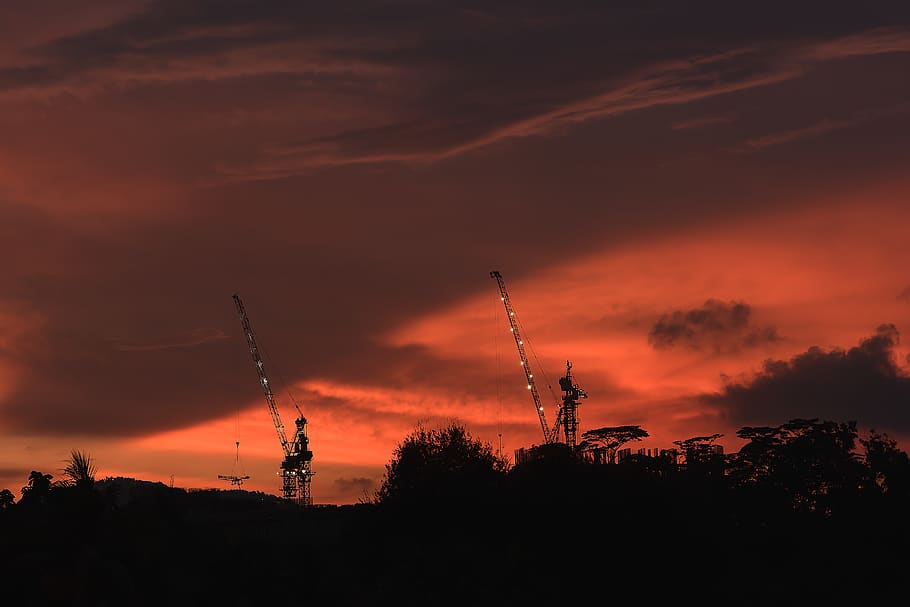 red, yellow, sunset, development, construction, trees, light HD wallpaper