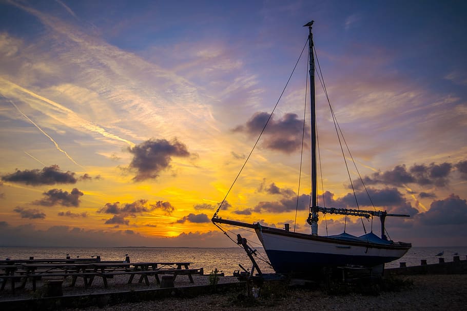 sunset, sea, boat, sky, landscape, mood, clouds, coast, romantic HD wallpaper