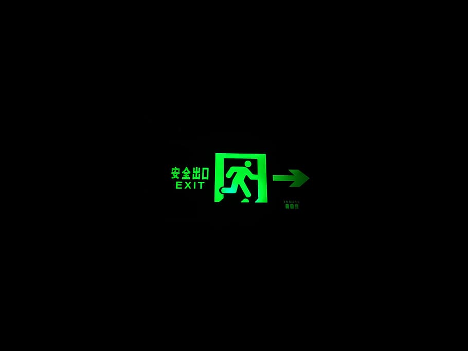 green exit sign, communication, illuminated, green color, guidance HD wallpaper